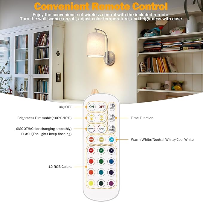 Battery Operated Wall Sconce Set of 2, Brushed Nickel Rechargeable Dimmable Wall Light Fixture Remote, 12 RGB Colors & Timer, Wireless Lamp White Shade