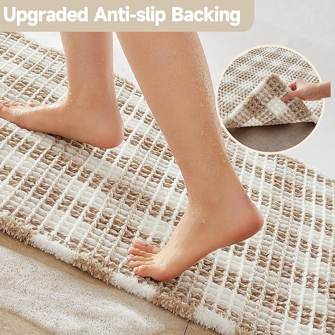 Waffle Bath Mat, Boho Bathroom Rugs Non Slip Washable Absorbent Checkered Bathroom Mat Quick Dry Farmhouse Bathroom Decor, 36"x24" Khaki and White