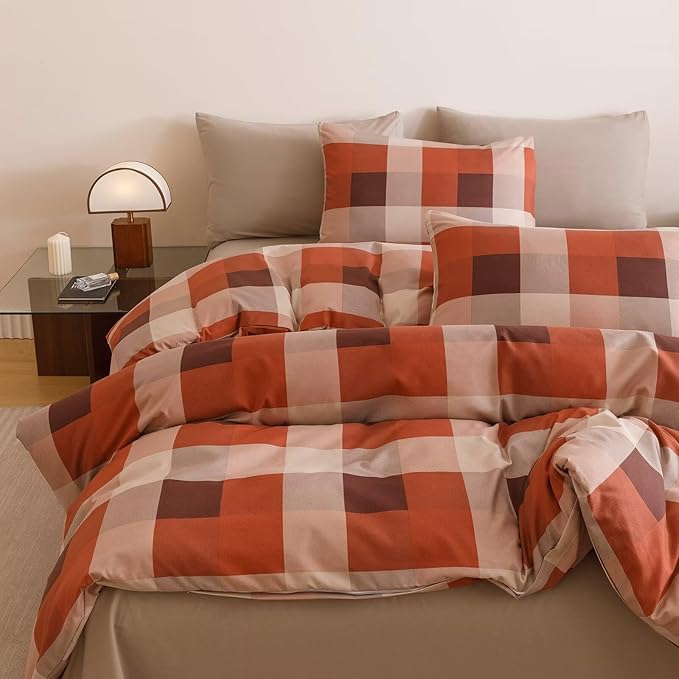 Cottonight Checkered Red Comforter Set Queen Men Gingham Grid Bedding Set Red and Khaki Grid Comforter Fluffy Soft Blanket Quilts Modern Cottagecore Comforter with 2 Pillowcases for Queen Bed