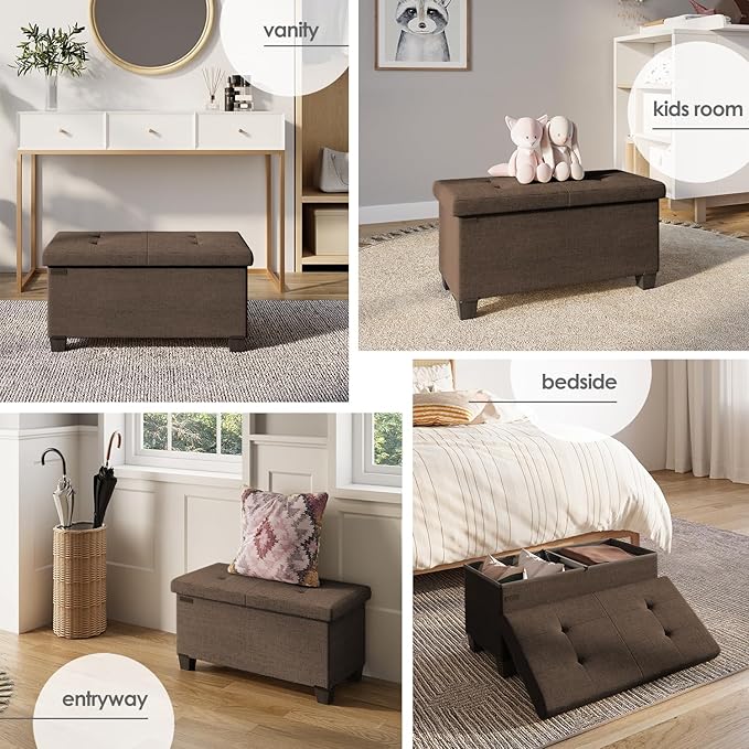 STORAGEBUD Storage Ottoman Bench with Bins, 30-in Storage Bench for Bedroom End of Bed, Folding Foot Rest Ottoman for Living Room Max 660lbs, Fabric Ottomans, Brown