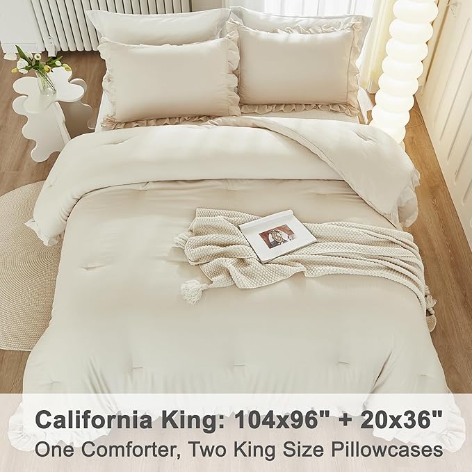 Litanika California King Comforter Set Beige, 3 Pieces Cream Ruffle Fluffy Soft Lightweight Bedding Comforter Set, Shabby Chic All Season Bed Set (104x96In Comforter, 2 Pillowcases)