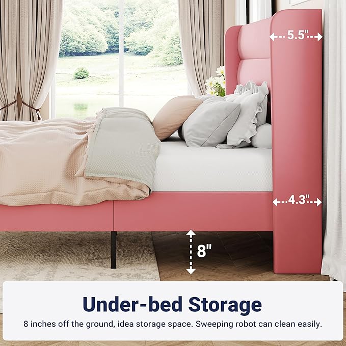 Allewie Full Size Platform Bed Frame with Velvet Upholstered Wingback Headboard, No Box Spring Needed, Under Bed Storage Space, Strong Wooden Slats, Modern Mattress Foundation, Easy Assembly, Pink