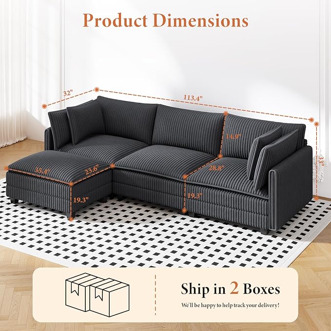 Vesgantti 109" L Shaped Cloud Sectional Couch, Comfy Corduroy Upholstered Modular Couches for Living Room, Modern 3 Seater Sectional Sofa with Ottoman Deep Seat, Dark Grey