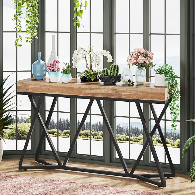 Tribesigns 55 Inches Console Table, Farmhouse Sofa Table Wood Entryway Table with Unique Metal Base, Behind The Couch Table Foyer Table, Industrial Accent Table for Hallway, Living Room, Entrance