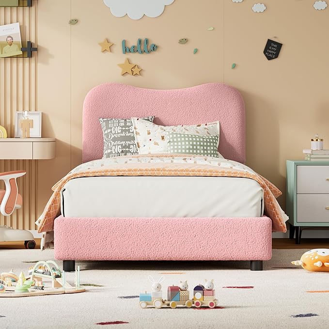 GarveeHome Twin Bed Frame for Kids with Velvet Upholstered Headboard, Cute Low Profile Platform Bed for Girls and Boys, No Box Spring Needed, Strong Wooden Slats, Noise Free, Easy Assembly, Pink