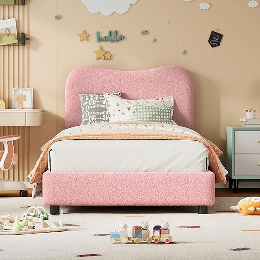 GarveeHome Twin Bed Frame for Kids with Velvet Upholstered Headboard, Cute Low Profile Platform Bed for Girls and Boys, No Box Spring Needed, Strong Wooden Slats, Noise Free, Easy Assembly, Pink
