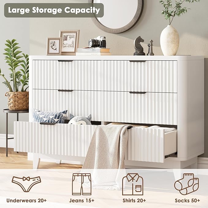 HAIOOU Fluted 6 Drawer Dresser with Power Outlet, 47.2” Wide Modern Chest of Drawers, Curved Profile Design Wooden Dresser for Bedroom, Clothing Storage Organizer TV Stand for Closet - White