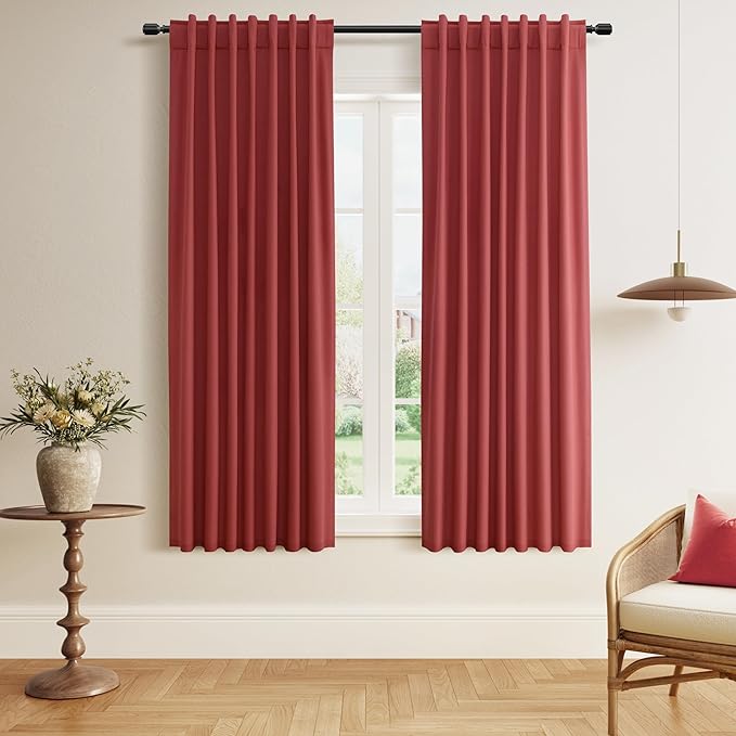 Guken Red Blackout Curtains 63 Inch Length 2 Panels Set for Living Room Bedroom Back Tab Thermal Insulated 100% Black Out Linen Drapes Room Darkening Window Curtains 63 Inches Long