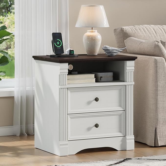 Yaamizz Farmhouse Nightstands with Charging Station, Table with Drawer and Storage Shelf, Wood Pilasters and Metal Handles, Vintage Design, Organizer for Bedroom, Hallway, White