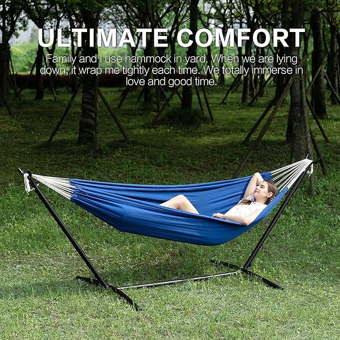 PNAEUT Double Hammocks with Stand for Outside, Portable Space Saving Heavy-Duty Steel Stand for Indoor Outdoor Patio with Carrying Bag, 450 lbs Capacity (Navy)