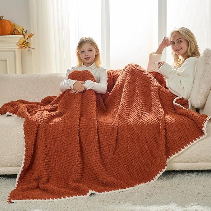 Snuggle Sac Orange Waffle Blanket for Couch Bed Sofa 60x80 inches, Reversible Soft Throw Microfiber Fluffy Fuzzy Cozy Knit Twin Blanket for Women Mothers Birthday Gifts