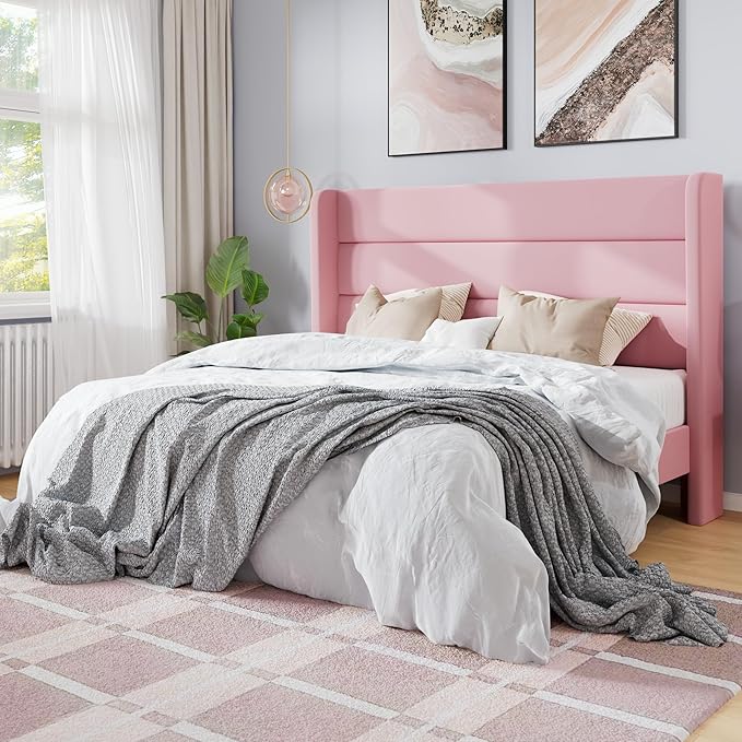 SHA CERLIN Full Size Velvet Bed Frame/Vertical Channel Tufted Wingback Headboard/Upholstered Platform Bed with Wooden Slats/Mattress Foundation/No Box Spring Needed/Easy Assembly/Pink