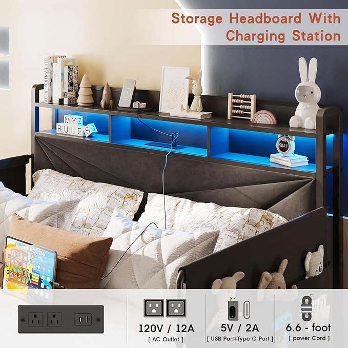 Maupvit Full Bed Frame with Storage Headboard and Drawer,Upholstered Platform Bed Frame with LED Lights & Charging Station,Full Size Bed with Guardrail,No Box Spring Needed,Grey