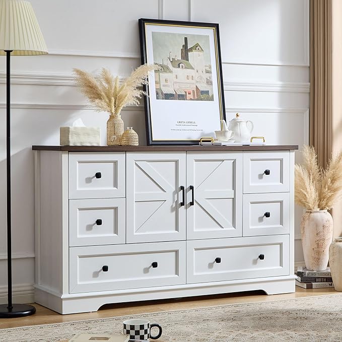 SOOWERY Dresser for Bedroom, Farmhouse Dresser with 6 Wooden Drawers and Storage Cabinet, 55 Inches Wide Chest of Drawers for Bedroom, Living Room, Hallway, White