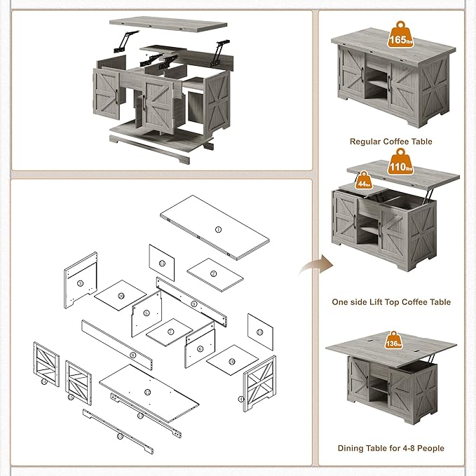 Lift Top Coffee Table with Storage, 4 in 1 Multi-Function Convertible Tea Tables with Hidden Compartment, Farmhouse Center Table Converts to Dining Table for Living Room, Grey