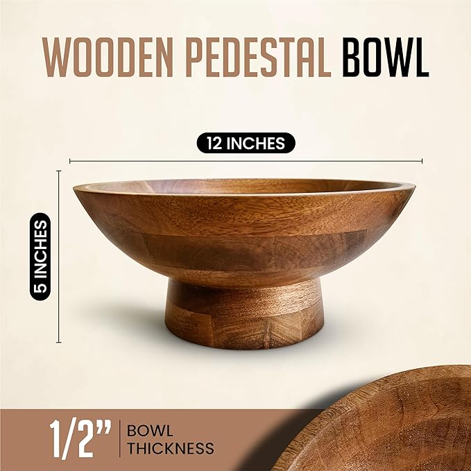Brown Pedestal Bowl - 12 Inch, Wide Brown Footed bowl as Fruit, Key, Decorative, Candy Holder or Centerpiece, Wooden Bowl Decorative for Kitchen, Dining Table & Modern Home Accessories