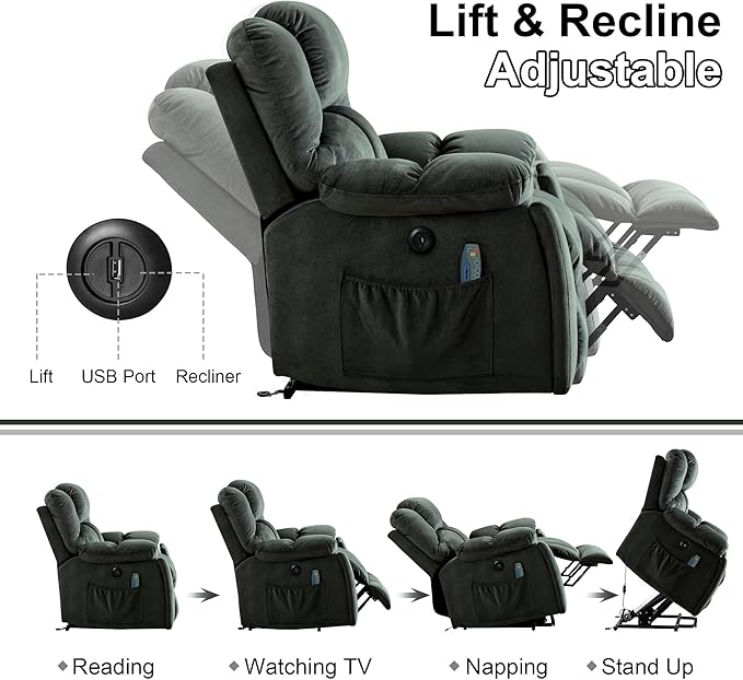 Power Lift Recliner Chair with Massage and Heating, Lift Chairs Recliner for Elderly, Upholstered Comfy Power Lift Chair with 2 Hidden Cup Holders, Side Pockets, USB Port, Grey Green