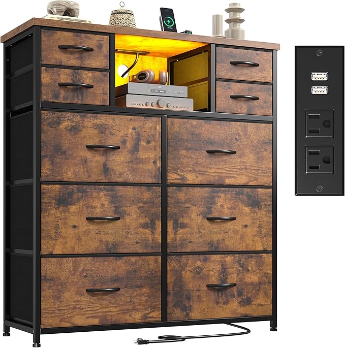 Dresser for Bedroom with Charging Station and LED and 10 Fabric Drawers, Sturdy Tall Chest of Drawers with 2 Open Storage Shelves Storage Tower for Closet, Hallway (Rustic Brown)
