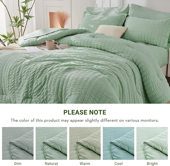 HYMOKEGE Sage Green King Size Comforter Set Seersucker 7 Pieces, All Season Luxury Bed in a Bag for Bedroom, Bedding Set with Comforters, Sheets, Pillowcases & Shams
