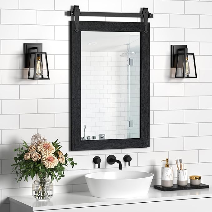 Farmhouse Bathroom Mirrors 26”x40” Black Rustic Wall Decor Mirror for Vanity Barn Door Style Wall Mirror for Entryway Living Room