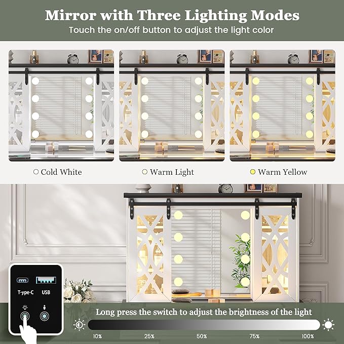 Farmhouse Makeup Vanity with Mirror & Lights, Large Vanity Desk with 5 Drawers & 9 Storage Shelves, Dressing Table with Jewelry Armoire, Vanity Gifts for Wife Girlfriends Women Lady Girl, White