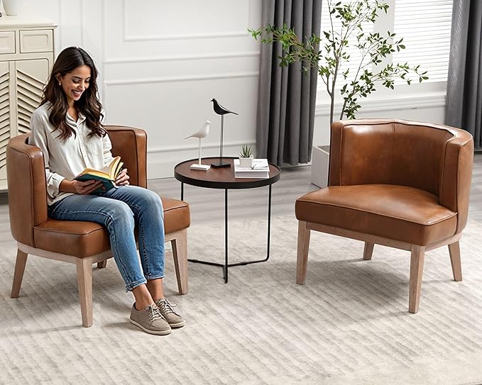 Barrel Chairs Set of 2 Mid Century Modern Accent Chairs with Solid Wood Leg Upholstered Reading Arm Chair Faux Leather Waiting Room Round Side Chairs for Small Spaces Living Room Bedroom Office, Brown