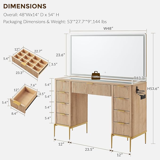 T4TREAM 48" Fluted Makeup Vanity Desk with 48" Large Mirror and HD Lights, Modern Vanity Table with 9 Drawers & Charging Station, Glass Top and Golden Handles Dressing Table for Bedroom,Natural Oak