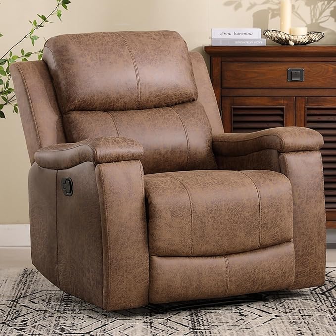 CANMOV Leather Recliner Chair, Classic and Traditional Manual Recliner Chair with Overstuffed Arms and Back, Manual Single Sofa with Concealed Cup Holders,Nut Brown