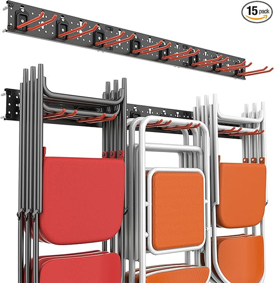 Wallmaster Wall Mount Garage Organizer Tool Storage Rack, Heavy Duty Folding Chair Hangers with 8 Adjustable Hooks, 48-inch Tracks, Max Load 300lbs
