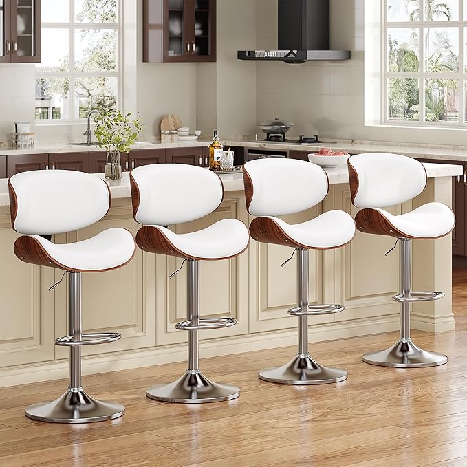 Bar Stools Set of 3, Bentwood Adjustable Height Swivel Bar Stools, PU Leather Upholstered Bar Chair with Back and Footrest for Bar, Kitchen, Dining Room, White