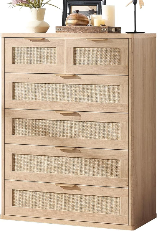 LEYAOYAO Rattan Dresser for Bedroom, 41" Tall Chest of Drawers, Modern 6 Drawers Boho Dressers with Storage, Light Oak Dresser Wooden Closet Organizer for Living Room, Hallway, Natural Wood