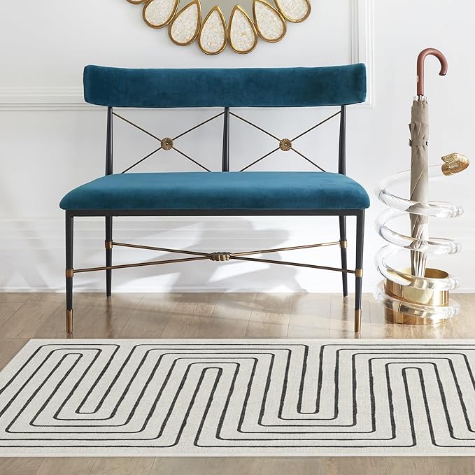 RUGGABLE x Jonathan Adler Machine Washable Modern Runner Rug – Labyrinth Black/Ivory 2.5x10, Stain-Resistant, Non-Slip – Washable Rug for Hallway, Entryway, Living Room & Kitchen–with Cushioned Pad
