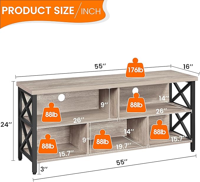 Yaheetech TV Stand for TVs up to 65 Inch, Industrial Entertainment Center with Storage Compartments, Media TV Console for Living Room, Gray