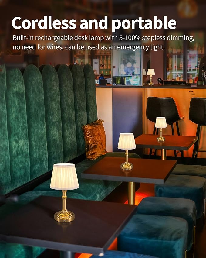 KDG Cordless Portables Table Lamp Set of 2, LED Fabric Shade Small Desk Lamps, 5000mAh Battery Powered Lighting, 2700K Stepless Dimmable Light for Living Room, Dining Room, Bedroom, Bedside (Bronze)