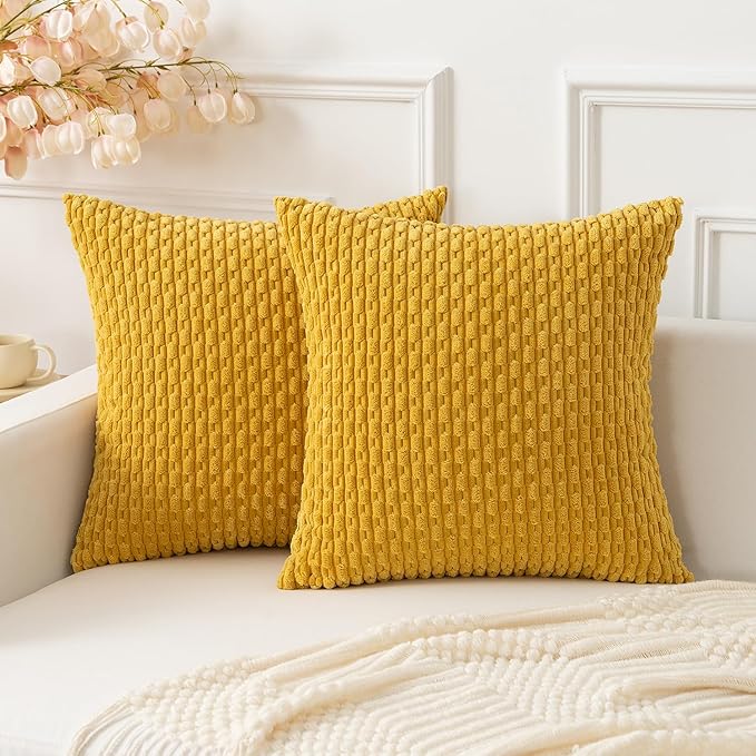 Kevin Textile Throw Pillow Covers Soft Corduroy Decorative Set of 2 Boho Striped Pillow Covers Pillowcases Farmhouse Home Decor for Couch Bed Sofa Living Room 16x16 Inch Mustard Yellow