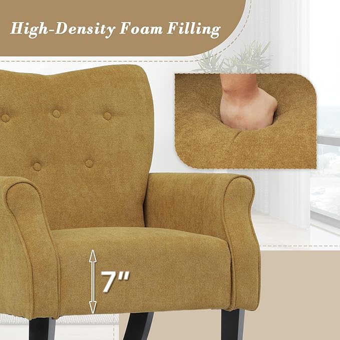 Athena Collection Mid Century Accent Chair, Upholstered Modern Comfy Armchair Single Sofa, Elegant Vanity Chair Reading Chair with High Back and Solid Wood Legs for Bedroom Living Room, Dark Yellow