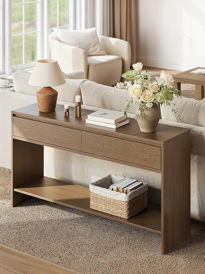 Solid Wood Console Table with Storage Drawers, 55" Sofa Table with Open Shelf, Behind Couch Table Entryway Table for Living Room, Hallway, Entrance, Foyer