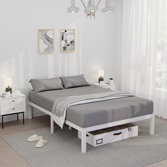 14 Inch Bamboo Bed Frame – Solid Wood Platform Bed Frame, Strong and Stable, with Non-Slip Slats for Support, No Box Spring Needed, Easy to Assemble, Noise-Free (White, Full)