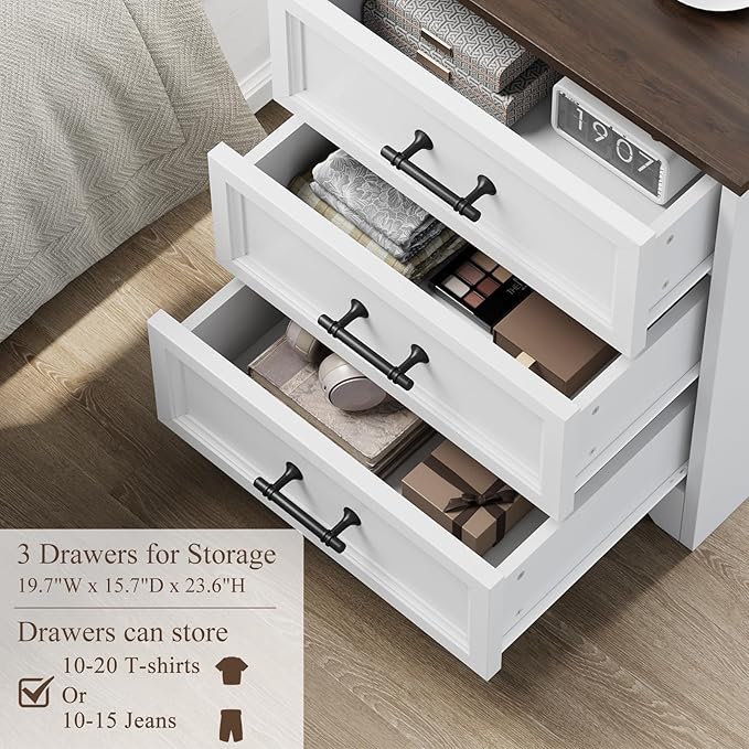 Farmhouse Nightstand with Charging Station, 19.7" End Table with 3 Drawers Storage, White Wooden Night Stand, Bedside Table with Unique Base Design, 3 Drawer Dresser for Bedroom, Living Room