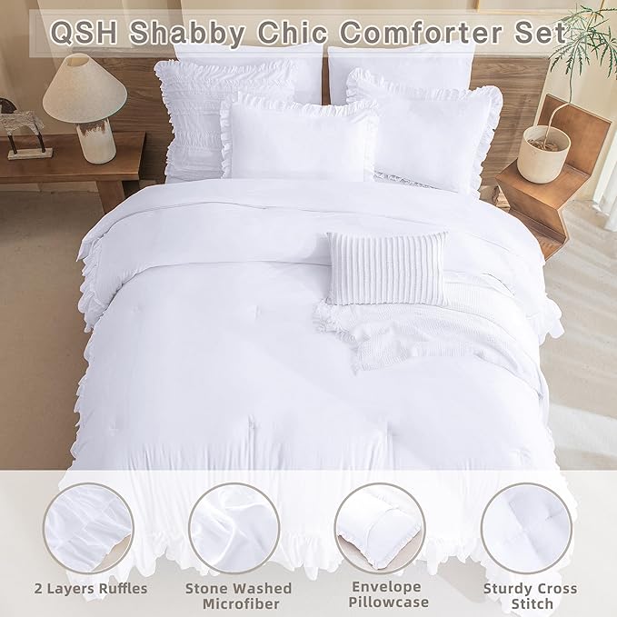 QSH White Farmhouse Ruffled Comforter Set King Size Shabby Boho Chic White Bedding Comforter King Lightweight Fluffy Ultra Soft Microfiber Inner Fill Bedding Set 3 Pieces