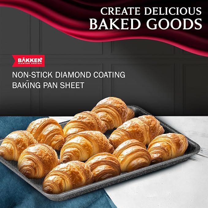 BAKKEN Kitchen Baking Pans - Nonstick Gray Coating, 13.58’’ × 9.65’’ Commercial Grade Carbon Steel Cookie Sheet, Diamond Texture Bottom, PFOA, PFOS, PTFE Free, Oven Safe Tray (450°F), Gray Marble
