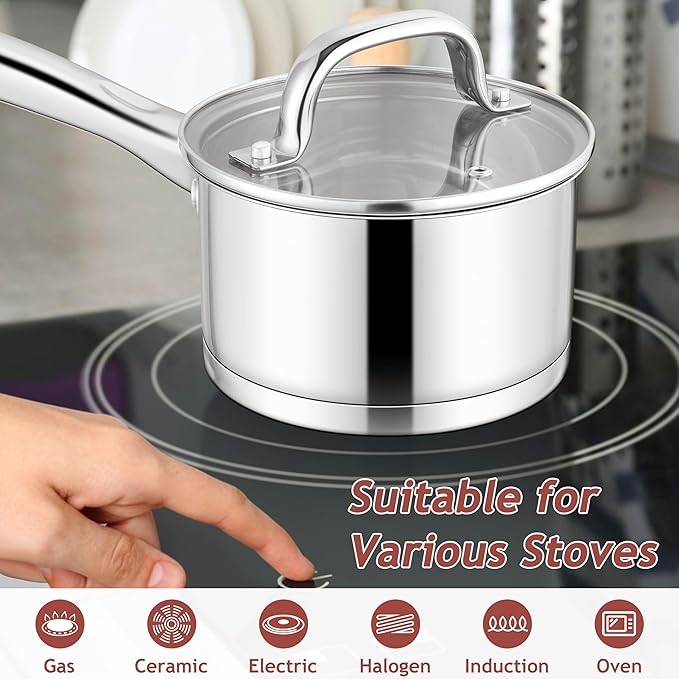 E-far Stainless Steel Saucepan with Lid, 3 Quart Sauce Pan Induction Pot for Cooking, Boiling, Compatible with All Stoves, Healthy & Non Toxic, Oven & Dishwasher Safe