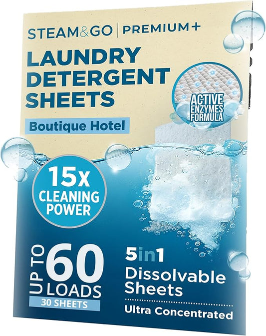 Steam and Go Premium+ Laundry Detergent Sheets – 5in1 Dissolvable Sheets with Enzymatic Cleaning, Antibacterial Action, Color Protection, Fresh Fragrance & Purifying – Boutique Hotel Scent, 30 Ct