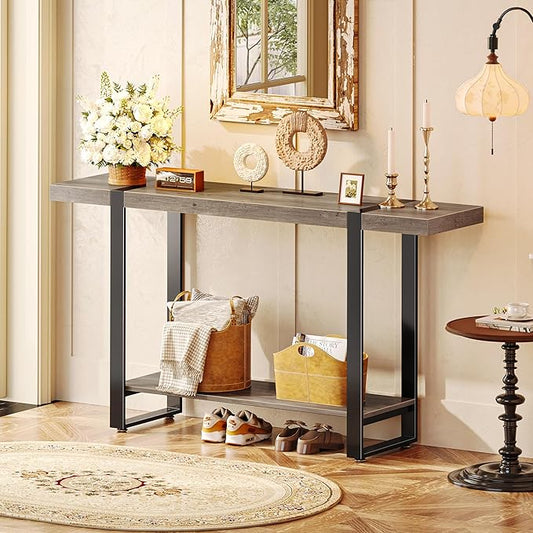 Huuger 47.2 Inch Entryway Table, 2-Tier Industrial Console Sofa Table with Storage, Accent Table, for Entry, Hallway, Entrance, Foyer, T-Shaped Metal Frame, Grey