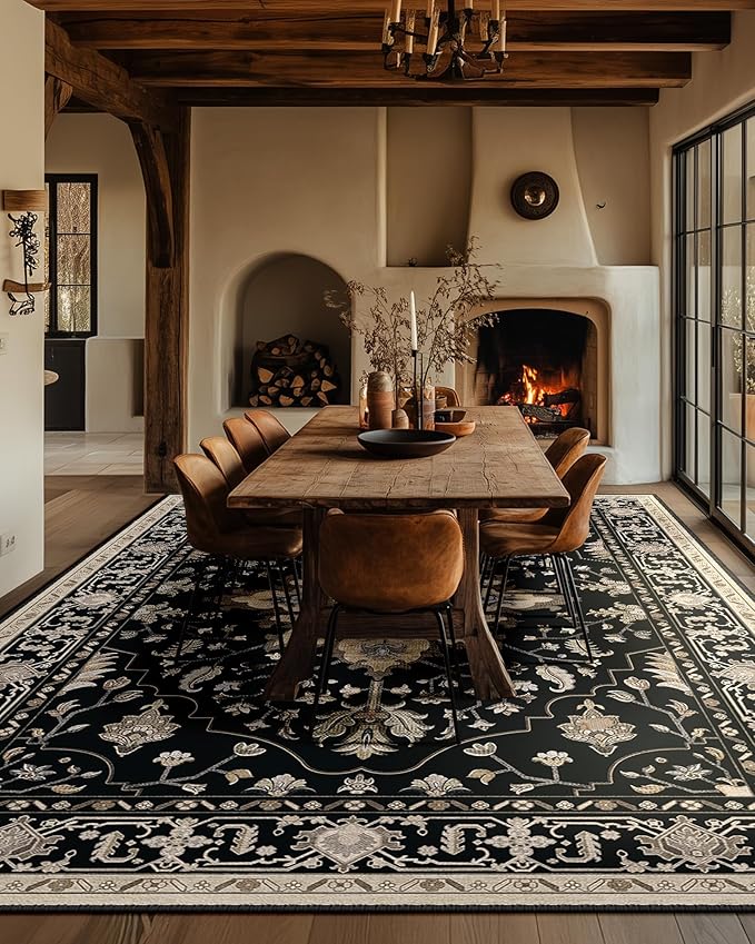 Area Rugs 5'x8' Washable Non-Slip, Floral Vintage Distress Print Pattern Medallion Carpet for Living Room Bedroom Dining Room, Black Brown Neutral Dark Tan