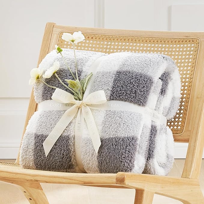 Cozy Bliss Ultra Soft Reversible Double Sherpa Sided Blanket, Buffalo Plaid Throw Blanket Fluffy Thick Warm Plush Fuzzy Blanket for Couch, Bed and Gifts (Grey, 60" x 80")
