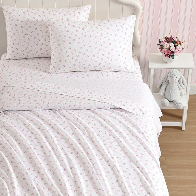 Laura Ashley - Kids Sheet Set, Ultra-Soft & Breathable Toddler Bedding with Matching Pillowcases, Wrinkle-Resistant, Ideal Girl Room Essentials (Busy Bee Pink, Queen)