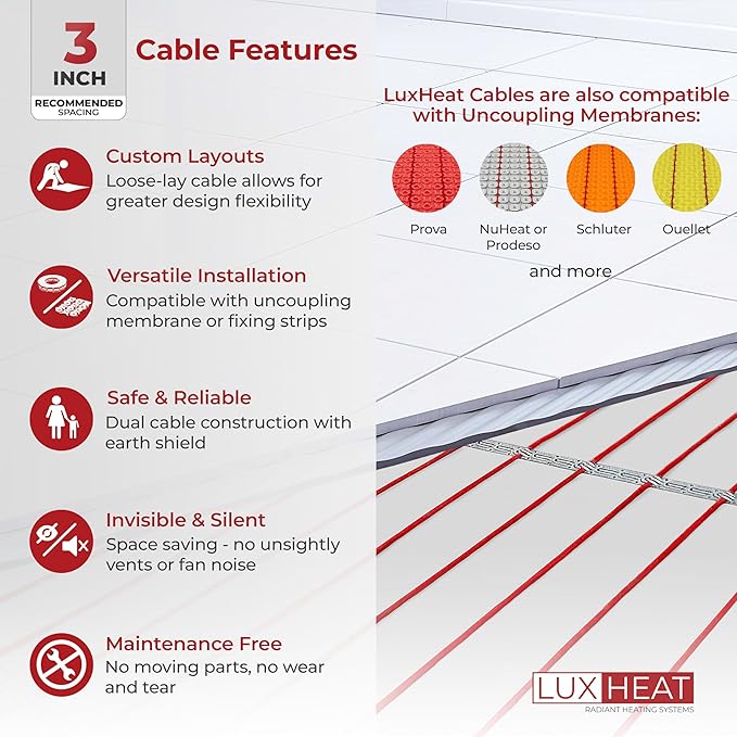 40sqft Floor Heating Cable Kit - 120v In Floor Heating System for Tile - Heated Flooring System - Includes UDG Programmable Thermostat w/GFCI, Heater Cable, Strapping, Flooring Sensor & Alarm