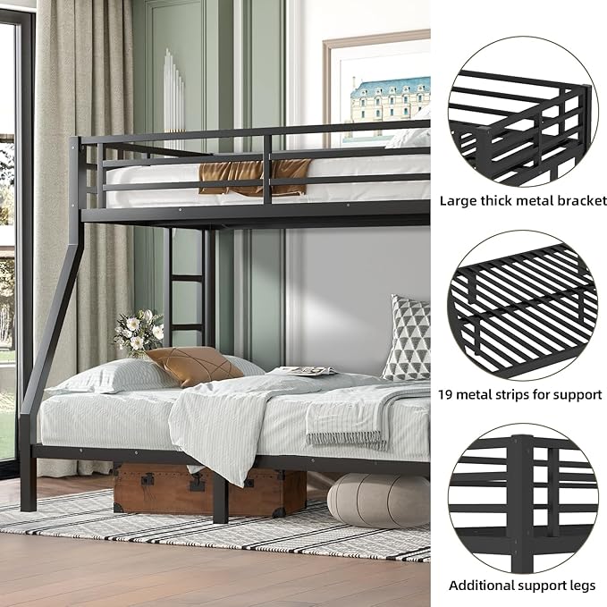 Twin Over Full Bunk Bed Frame, Heavy Duty Metal Loft Bed for Adults/Teens, 250/350LB Capacity w/Ladder & Guardrail, Noise-Free Steel Slats, No Box Spring Required, Black