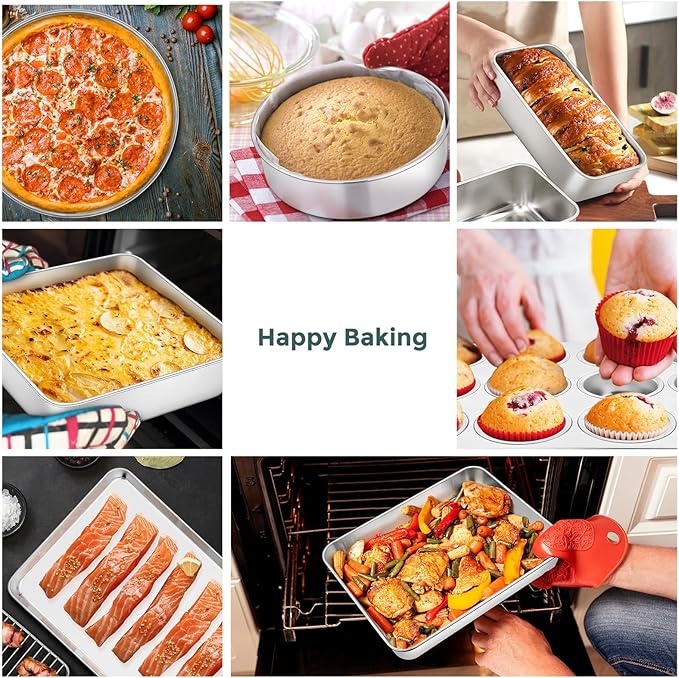 E-far 12-Piece Bakeware Sets, Stainless Steel Baking Pan Set Includes Cookie Sheet, Round Square Rectangle Cake Pans with Lids, Multi-Functional for Loaf Muffin Pizza, Non-toxic & Dishwasher Safe